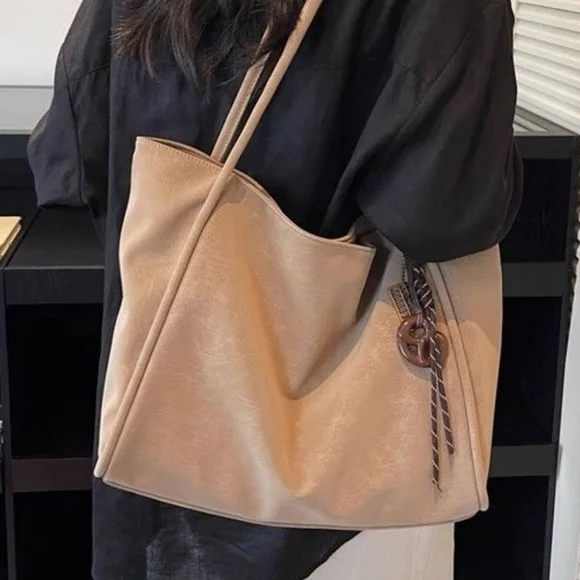 Classic Tan Faux Suede Leather Tote Bag - Elegant Everyday 18"x11"Shoulder Bag - Picture 2 of 4